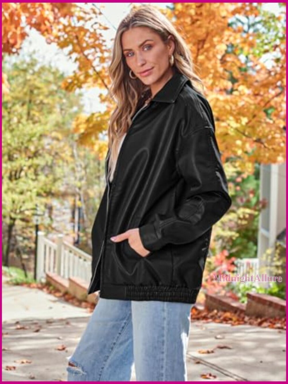 Oversized Faux Leather Motorcycle Jacket, Zipper Closure, Long Sleeve - Picture 3 of 6